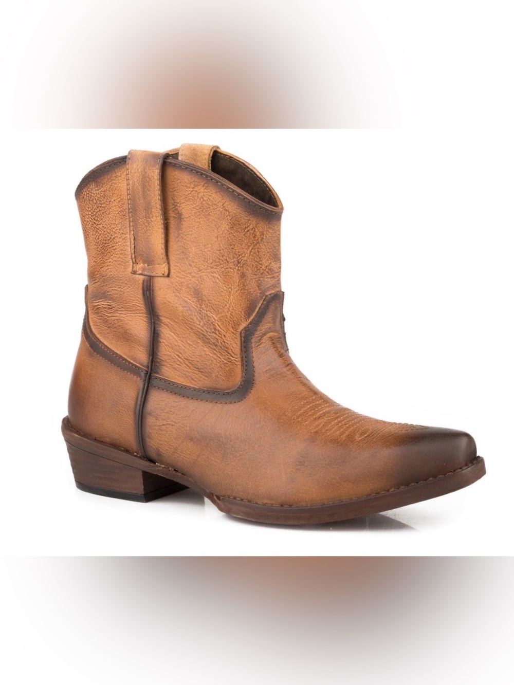 Roper DUSTY Light Brown Burnished Leather Snip Toe Pull On Shorty Western Boot